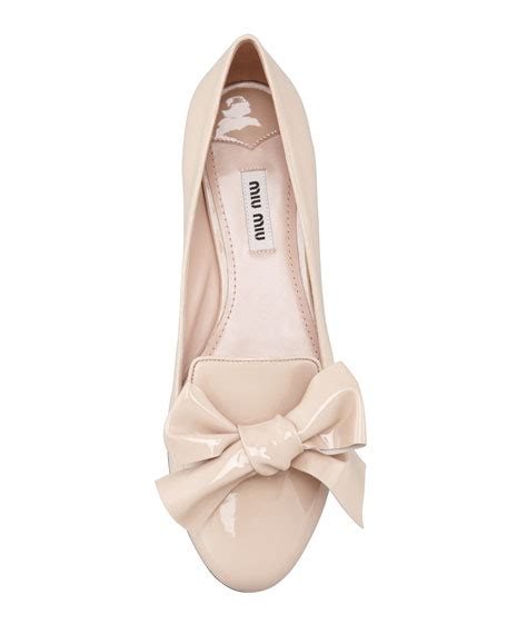 Miu Miu Patent Leather Smoking Slipper with Bow, Natural